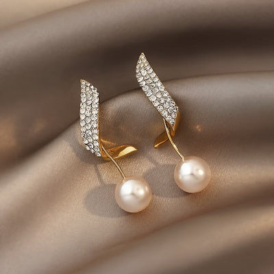 Crystal Feather Pearl Earrings