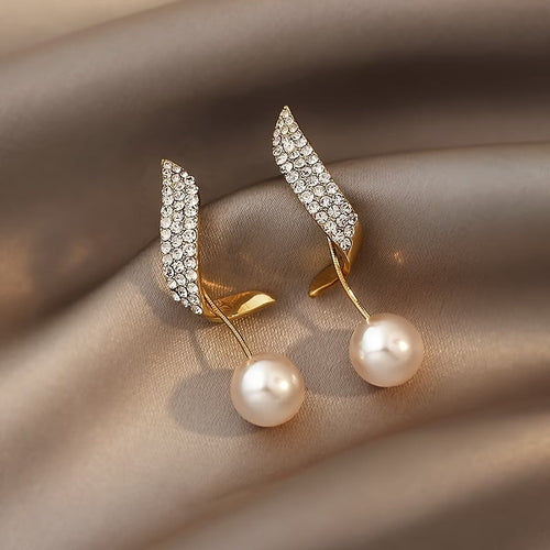 Crystal Feather Pearl Earrings