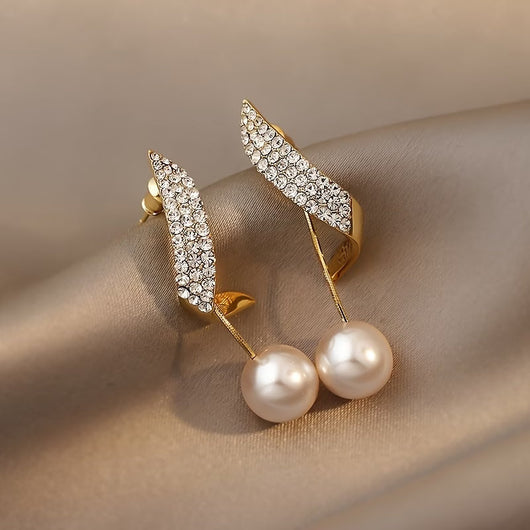 Crystal Feather Pearl Earrings