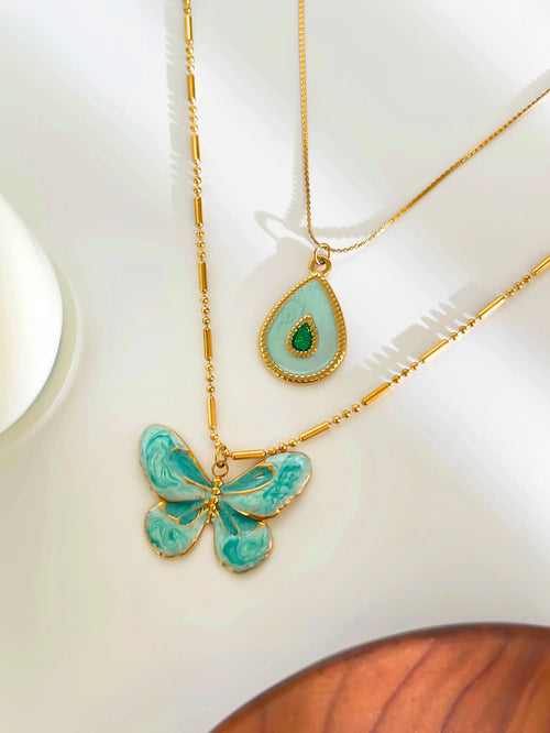 Beautiful Layered Necklace Set with Butterfly and Teardrop