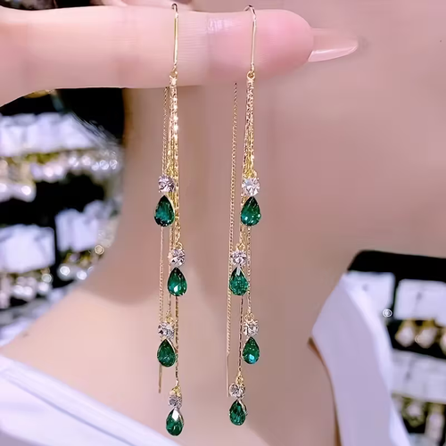 Elegant Gold Emerald Tassel Earrings